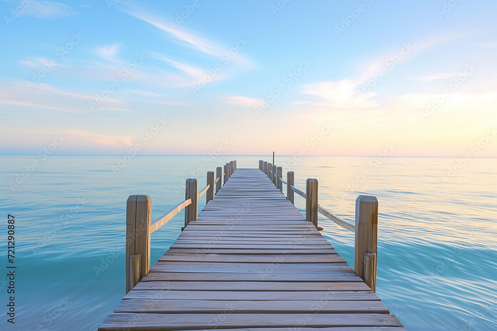 Dock leading into clear blue waters. Serene waterfront scene. Ideal image for conveying a tranquil and inviting atmosphere, capturing the beauty of a peaceful waterside setting.