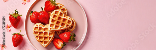 Valentine day breakfast with heart shaped waffles and strawberries in plate on pink background. Generative AI