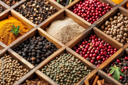 A scattering of various colorful spices. The intricate details of each spice bring them to life. Generative AI