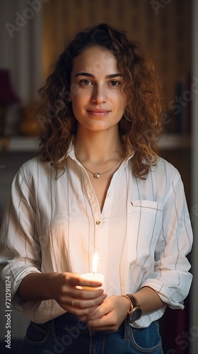 Woman 30-35 year old, similar to Leila Slimani, in Chinos and a shirt, In a normal home environment, in his only one hand a only one white candle. Photograph. photo