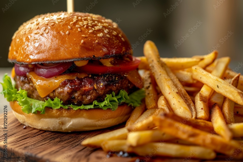 tempting burger and crispy fries on plate, Generative AI tempting burger and crispy fries on plate, Generative AI