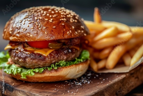 tempting burger and crispy fries on plate, Generative AI