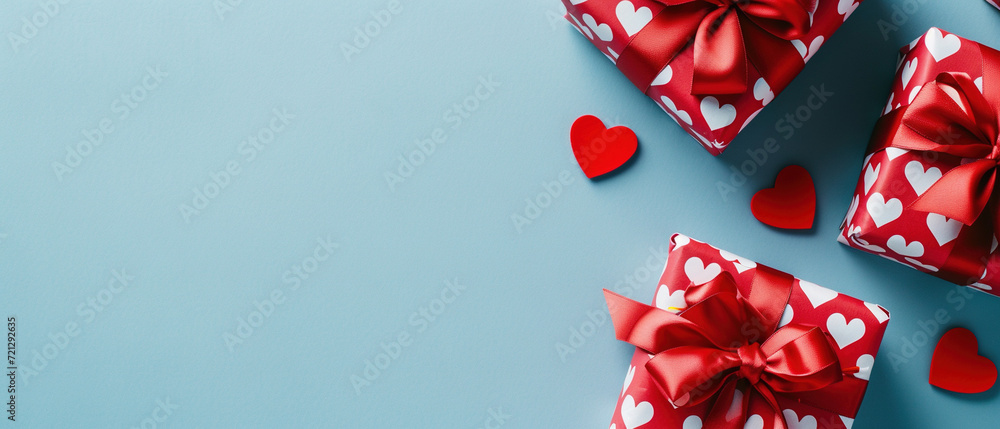 Valentine's Day banner design with red gift boxes and hearts on blue background. Top view. Generative AI Valentine's Day banner design with red gift boxes and hearts on blue background. Top view. Generative AI