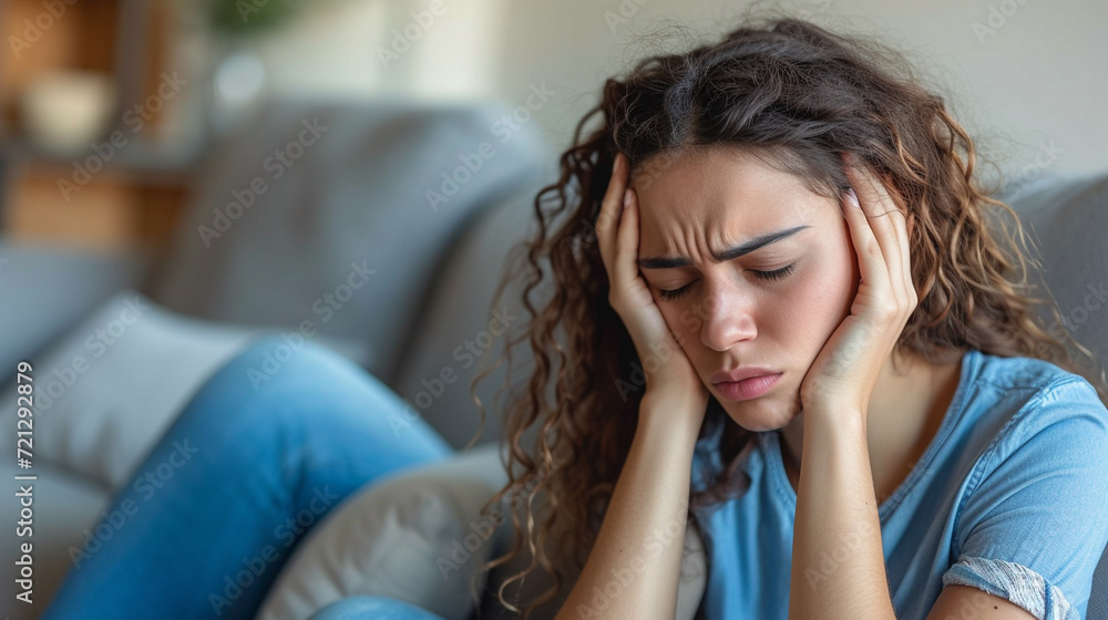 Unhappy young woman touching her head and suffering from headache. Young woman suffering from strong headache or migraine sitting at home Unhappy young woman touching her head and suffering from headache. Young woman suffering from strong headache or migraine sitting at home