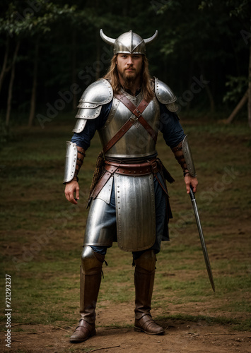 Male Viking warrior in the forest with weapons. Generative AI