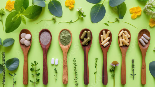 variety of dietary supplements on green lime  background with essential herbs and flowers 