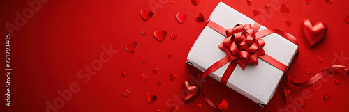 White gift box with red ribbon bow and hearts on red background. Valentine's Day holiday banner. Generative Ai