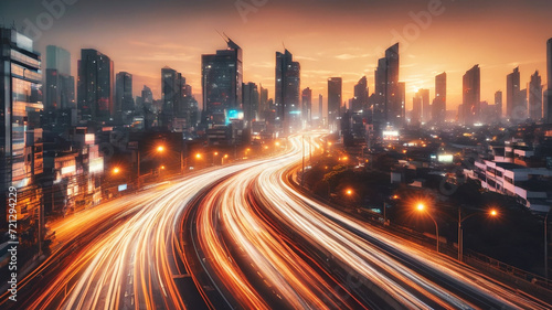 Motion blur of a busy urban highway during the evening rush hour