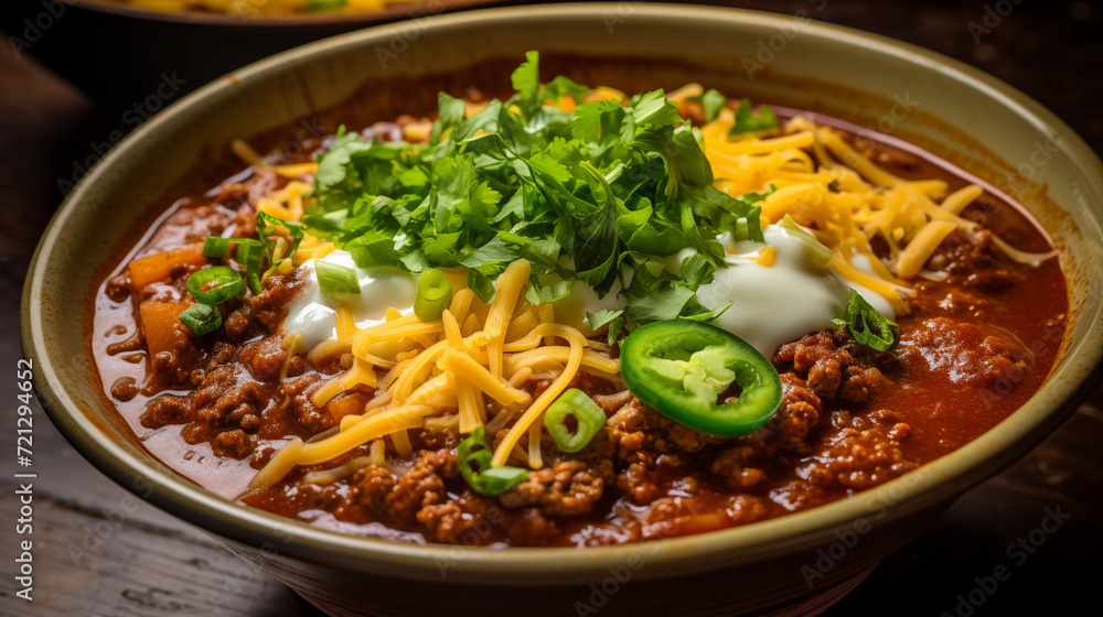 A steaming bowl of spicy chili con carne topped with melted cheese and fresh cilantro. A steaming bowl of spicy chili con carne topped with melted cheese and fresh cilantro.