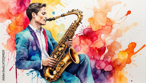 Man playing saxophone in watercolor style. AI generated