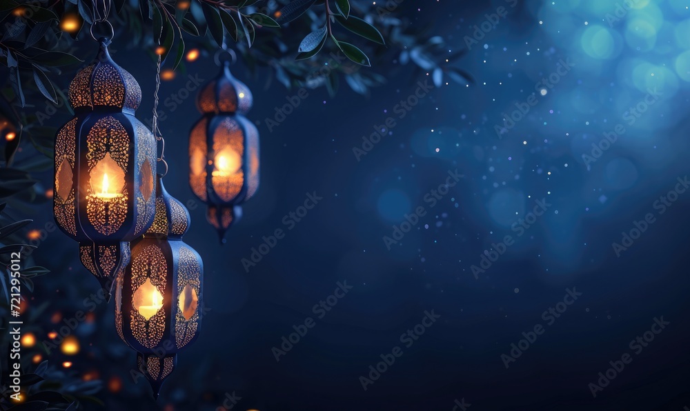 eid al fitr greeting with lanterns on dark blue background eid al fitr greeting with lanterns on dark blue background