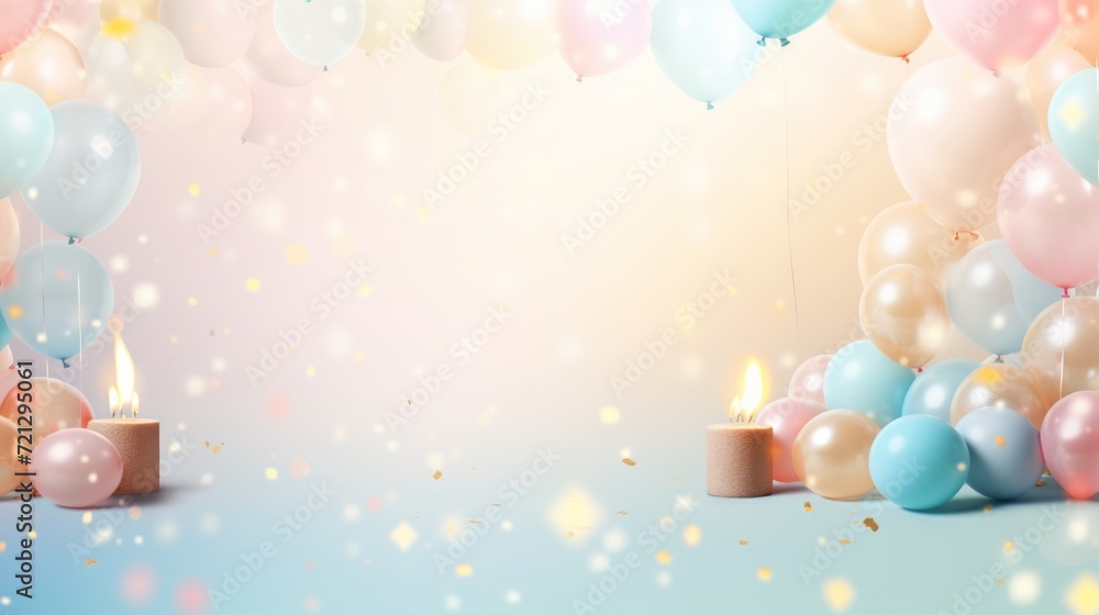 Cheerful pastel birthday celebration with cake, candles, and balloon confetti decorations - festive background image