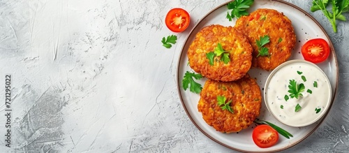 Vegetable fritters with white sauce on plate. Vegetarian dish with fried veggies.