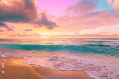 Closeup of sandy beach. Panoramic tropical seascape. Sunset sky over tranquil ocean. Inspiring beach horizon. Relaxing summer mood. Vacation travel banner with warm hues. © Stream Skins