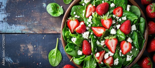 Salad with strawberries, spinach, and feta on table. photo