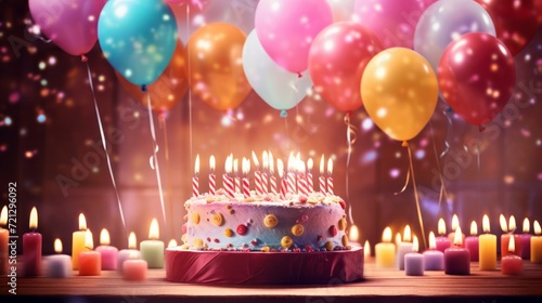 Vibrant birthday celebration: colorful balloons and cake with candles