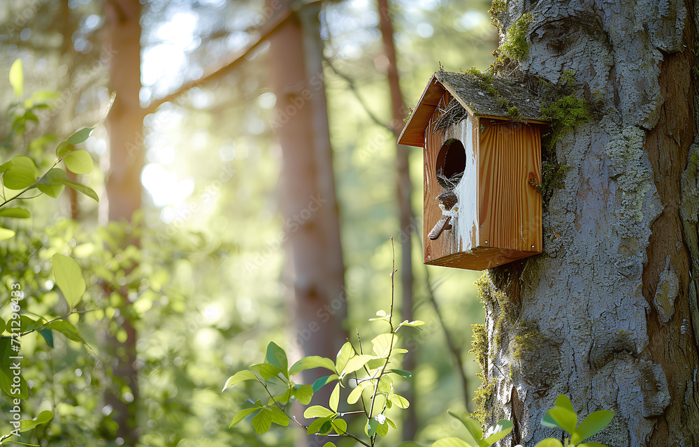 Birdhouse, nesting box on the tree trunk in the summer forest, sunny day Birdhouse, nesting box on the tree trunk in the summer forest, sunny day