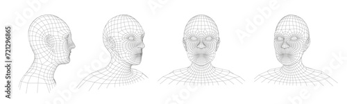 Wireframe human head. Retro wired mesh face, polygonal matrix man portrait and 3D hologram heads vector illustration set with editable stroke paths