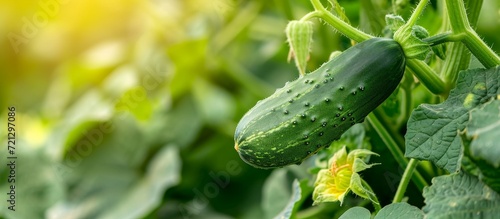 Fresh Green Cucumber Growing in the Lush Garden photo