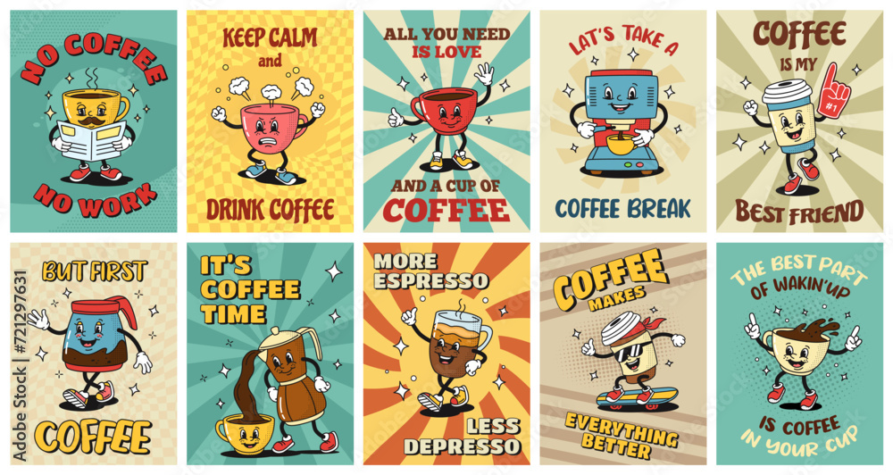 Retro coffee posters. Cartoon espresso cups, coffee house stickers with slogans in style of 1930s rubber hose animation. Vector illustration set Retro coffee posters. Cartoon espresso cups, coffee house stickers with slogans in style of 1930s rubber hose animation. Vector illustration set