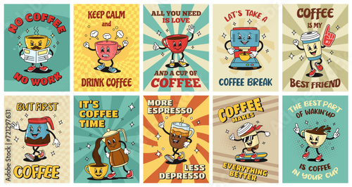 Retro coffee posters. Cartoon espresso cups, coffee house stickers with slogans in style of 1930s rubber hose animation. Vector illustration set