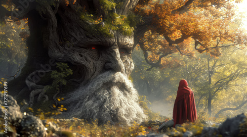 A mysterious figure in a red cloak facing a large ent-like tree creature in an autumn forest, AI generated photo
