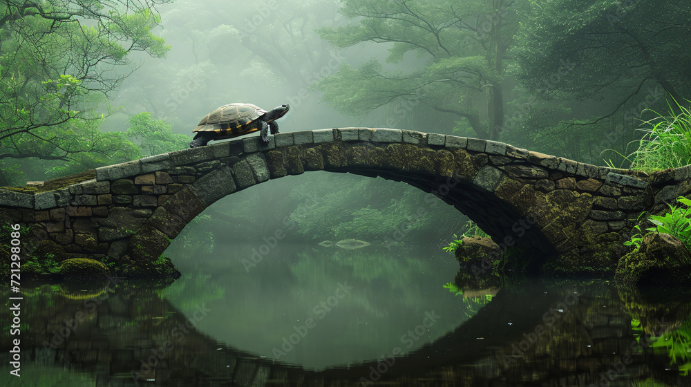 A Wise Turtle on an Ancient Stone Bridge Over a Tranquil Pond in a Misty Forest, Embodying Wisdom and Patience