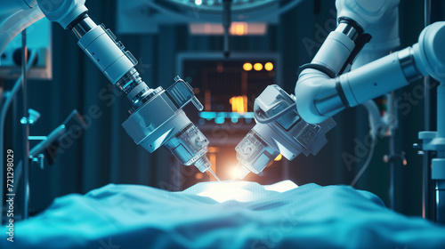 Future robot arm that performs medical surgical care, automated with precision in the future. With remote control from the hospital