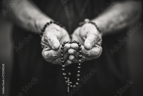 Soulful prayer: a man in quiet devotion, hands clasped around a rosary cross, seeking solace and spiritual connection, capturing the essence of serene contemplation, faith, and religious devotion. photo