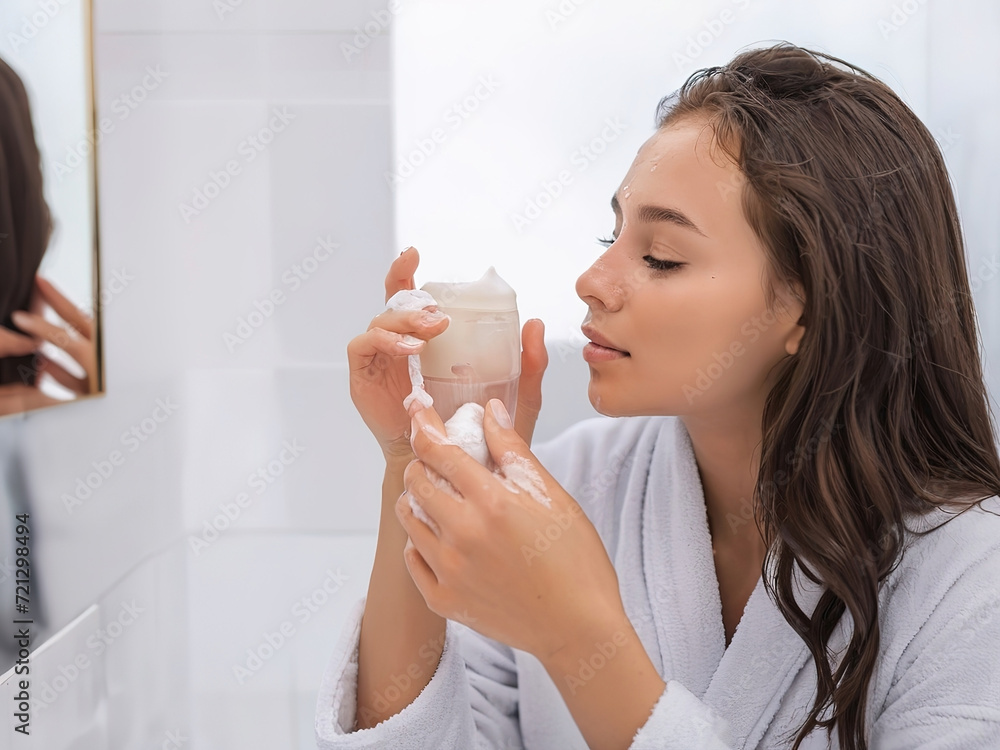 face of a beautiful young woman was applying lotion to her face after finishing bathing. closeup face face of a beautiful young woman was applying lotion to her face after finishing bathing. closeup face