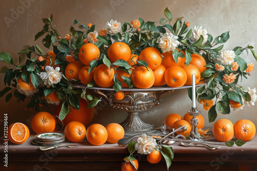 Realistic still life with oranges and silverware in the vintage style