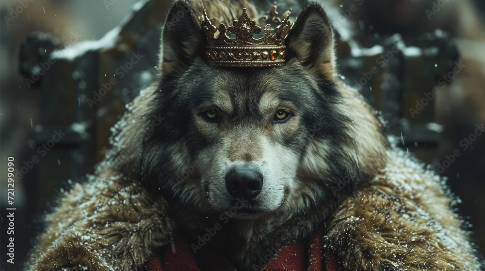 Wolf wearing a crown on a throne in winter
