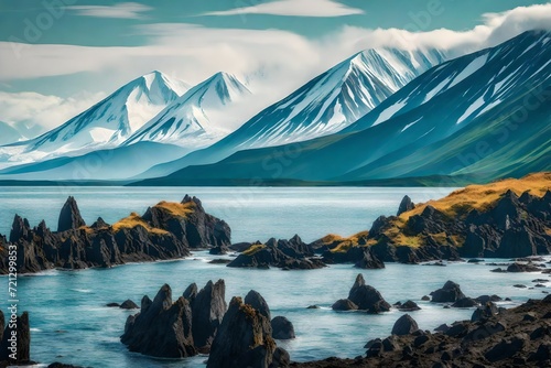 The nature of the Kamchatka peninsula and a colony of birds on the rocks photo