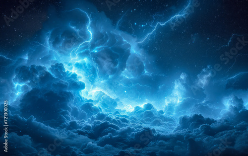 Thunderclouds in shades of blue with lightning and stars
