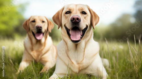 Happy labrador retriever is lying on the grass. Closeup of cute, healthy labrador dogs lying and relaxing in summer sunny day.
