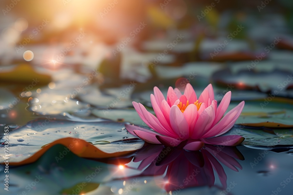 Captivating pink lotus blooms in tranquil water, bathed in warm sunshine. Serenity and natural beauty captured in a single frame.