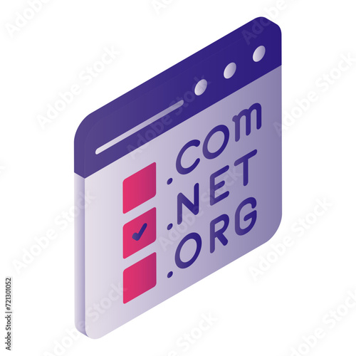 Top Level Domain or tld Registration Service isometric Concept, dot com net org selection in browser window vector icon design, Cloud computing and Internet hosting service Symbol, webhosting sign