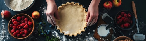 A baker's hands crimping the edge of a raw pastry for a tart, with bowls of fresh fruit fillings and ingredients nearby photo