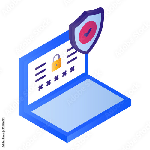 Login Screen Interface isometric Concept stock illustration, Password protected locked Display vector Icon design Padlock with Security shield Sign, Cloud computing and Internet hosting service Symbol