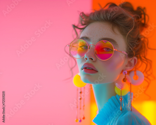 Fashion editorial Concept. Closeup portrait of pretty woman with oversized neon sunglass glasses accessories jewelry of candy loud 70s colourful retro mirror yarn resin. copy text space