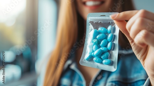 Woman Holding Small Bag of Pills, Drugs, medecine, narcotic
 photo