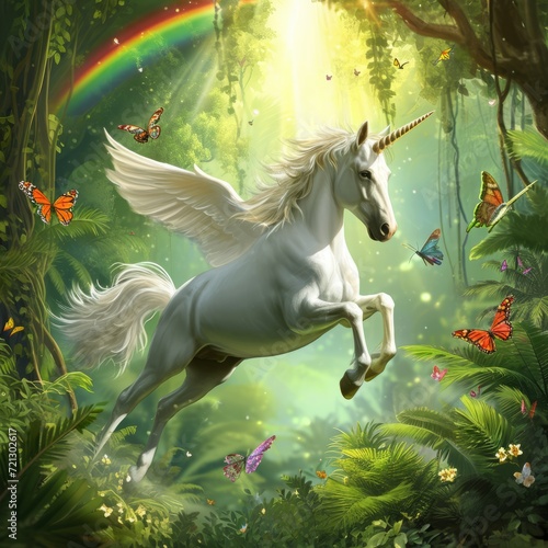 Unicorn Flying over Tropical Forest with Rainbow and Butterflies