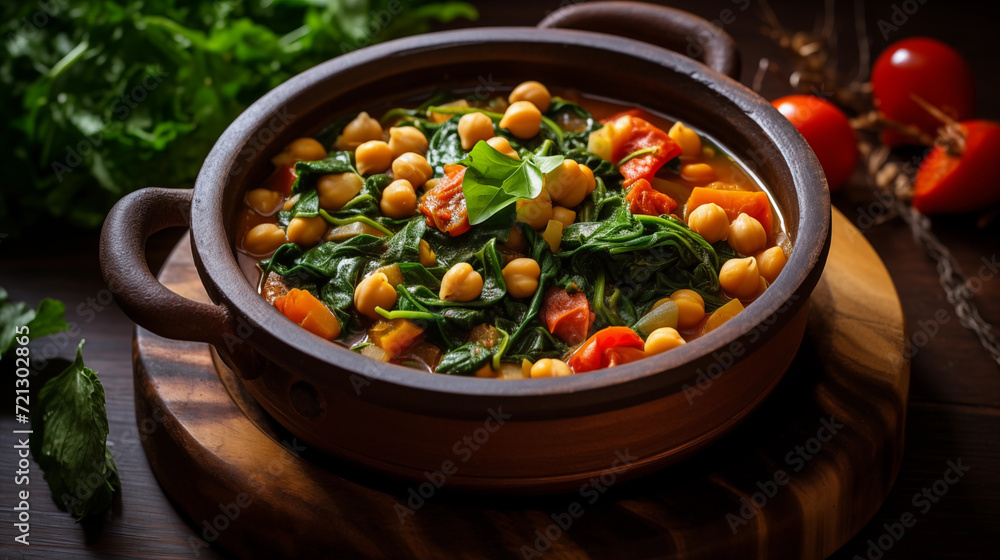 Hearty stew with chickpeas, tomatoes, and spinach in a flavorful broth. Hearty stew with chickpeas, tomatoes, and spinach in a flavorful broth.