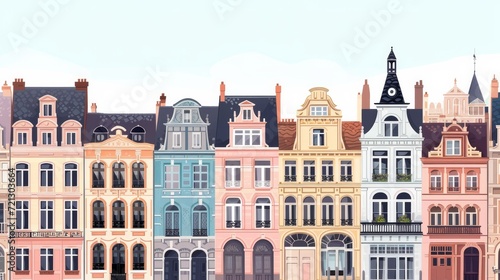Row of stylized European buildings in pastel colors. Urban landscape with townhouses. City architecture vector illustration