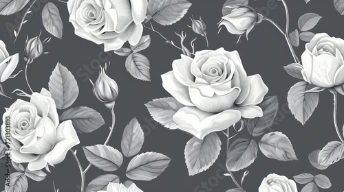 Seamless pattern with beautiful vintage rose and decorative leaf silhouette on gray background. Wallpaper with white flower in old antique style. Vector stock illustration