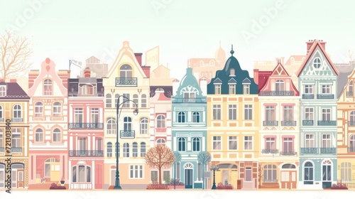 Row of stylized European buildings in pastel colors. Urban landscape with townhouses. City architecture vector illustration