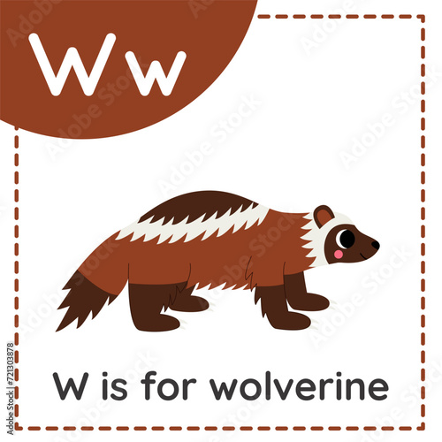 Learning English alphabet for kids. Letter W. Cute cartoon wolverine.
