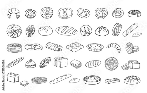 Set of bakery products in doodle style. Roll, bagel, croissant, bread, bun, loaf, white bread, baguette, bun, pretzel, swiss roll, challah, rye and wheat bread. Great for banners, menu design.