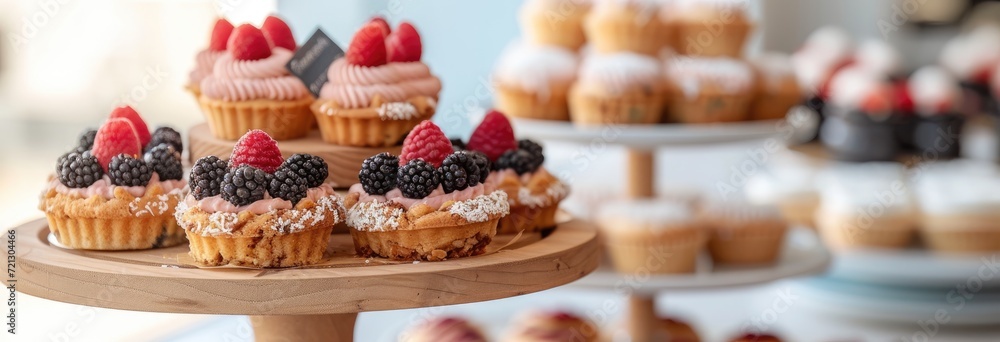 Assortment of vegan and gluten-free pastries, including fruit tarts and coconut macaroons, on a chic wooden display stand