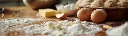 Artistic view of a baker's workspace with ingredients like flour, eggs, sugar, and butter, mid-preparation of a dessert recipe